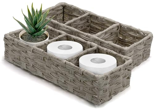 BROOKSTONE, [2 PACK SET] Wicker Storage Basket, Boho Organization and Storage Container, Decorative Shelf Bin, Over the Toilet Paper Reserve, Suitable for Any Home Décor Style