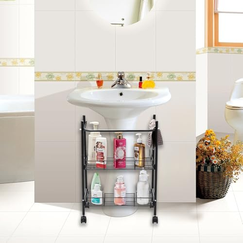 KIMZDA 2-Tier Under Sink Organizer Multipurpose Movable Rolling Cart Storage Cabinet Basket for Bathroom Kitchen with Hand Towel Bar, Black