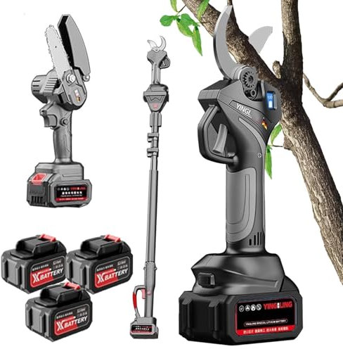 Tijeras de podar eléctricas, tijeras podadoras de ramas de árbol inalámbricas profesionales con batería, diámetro de corte máximo de 5 cm, con poste de extensión de alcance y motosierra, 3 baterías