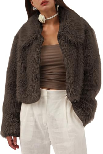Amazhiyu Womens Faux Fur Coat-Winter Plush Zip-Up Winter Jacket with Pocket Brown L