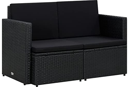 HEFZGDB 2-Sitzer-Gartensofa mit Auflagen Schwarz Poly Rattan Gartenbank Gartenlounge Outdoor Sofa Geeignet für Garten, Terrasse, Pool.