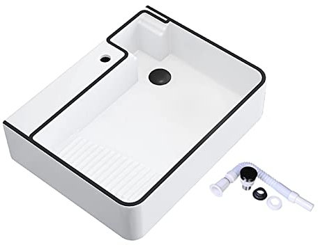 Vasque à poser , Lavabo de salle de bain 23×18 Lavabo rectangulaire blanc avec rebord noir Lavabo de salle de bain en céramique au-dessus du comptoir et ensemble de vidage escamotable Meuble-lavabo