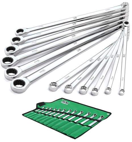 SK Extra Long Ratcheting Wrench Set, Double Box End Wrench Set, 12-Piece, Metric, 8 mm to 19 mm, 72-Tooth, Premium CR-V Construction, with Rolling Pouch