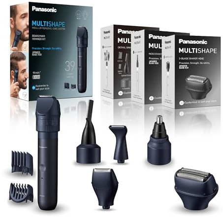 Panasonic MULTISHAPE ER-CKL1, ER-CDT1, ER-CNT1 & ER-CSF1 Set, Cortabarbas/cortapelos, Set de Afeitado/Recorte Detallado, corte de nariz/orejas, afeitado de 3 hojas con batería recargable Ni-MH, Negro