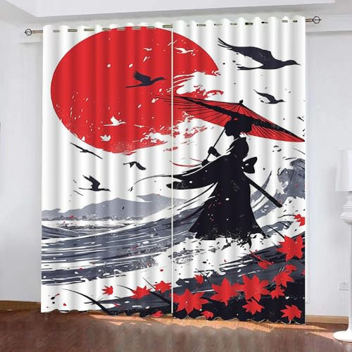 Vorhang Blickdicht Japanische Geisha 2 Stück H 140Cm X B 60Cm,Gardinen Kurz Modern Fenster Mit Ösen,Verdunklungsvorhänge Lichtundurchlässig Kinderzimmer,Kinder Vorhang Verdunkelung,A18