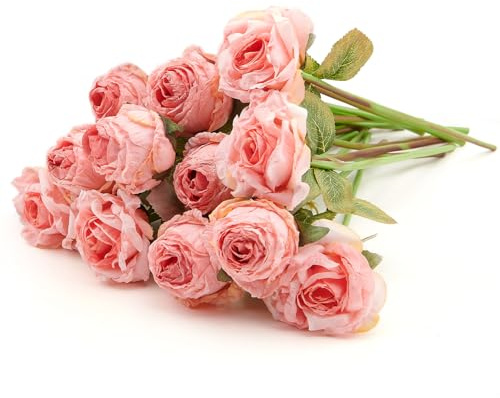 PONKING Rose Artificial Flower 12pcs Realistic Faux Silk Roses Fake Flowers Bouquets Arrangements Decor for Wedding Spring Mother's Day, Home Table Decorations, Pink Flower
