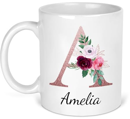 Chicken Craft Personalised Floral Initial and Name Mug Rose Gold Letter Design