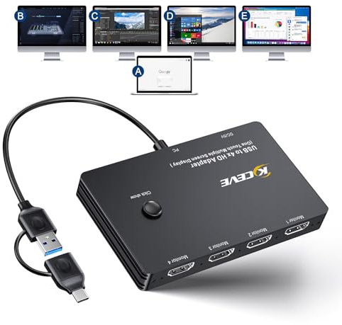 KCEVE Adaptador USB a 4 HDMI, Pantalla multimonitor de 5 Pantallas separadas, admite Modo Espejo/extensión Compatible con Windows, M1/M2 Mac OS, con función de Pantalla Negra