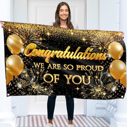 Congratulations Banner for Prom - Congratulations Decorations - Well Done - We Are So Proud of You - 5x3ft (Black and Gold)