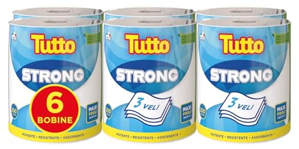 Tutto Strong, 6 Rotoli di Carta Multiuso Extra Resistente, 250 Strappi per Rotolo, 3 Veli, Ideale per Pulizia e Asciugatura, 100% Made in Italy