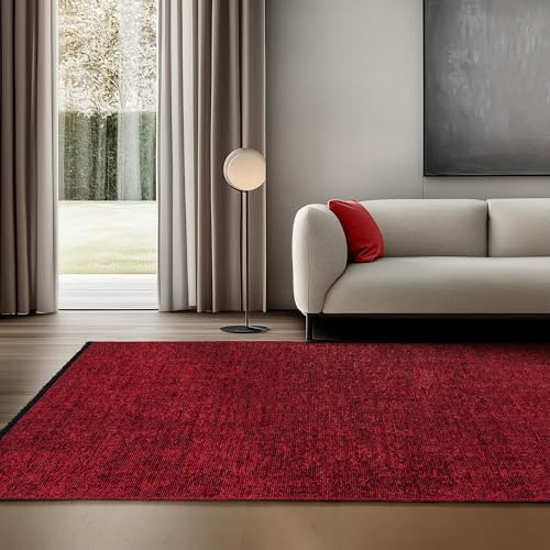 SIMPEX Baumwolle Teppich Rot 140x200 cm - Waschbar, Boho-Stil, Vintage Kelim, Kurzflor, rutschfest & Weich, Einfarbig Meliert, Für Wohnzimmer, Schlafzimmer, Büro & Küche