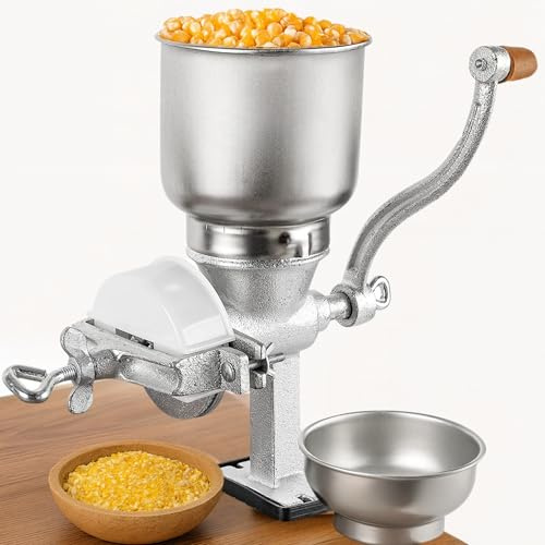Manual Grain Mill Grinder – Cast Iron Hand Crank Mill with 2 Hoppers for Corn Wheat Coffee Flour Silver Grain Grinder Manual for Kitchen Includes Plate Cover Rubber Pad Extra Pin