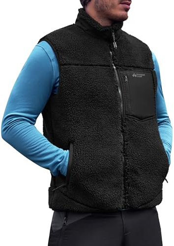 Ärmlös fleeceväst för män med ståkrage, 550 g tung fleece, vindtät och värmande utomhusväst för klättring, vandring, camping, resor, med fickor med dragkedja, svart, L