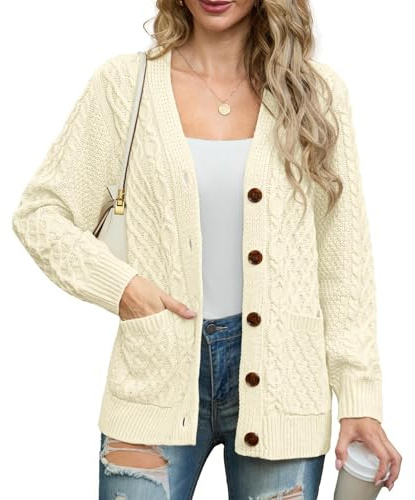 GRECERELLE Womens Cardigans Knit Aran Cable Long Sleeve Button Down Oversized Ladies Jumper Cardigan Knitwear with Pockets for Winter Fall Spring