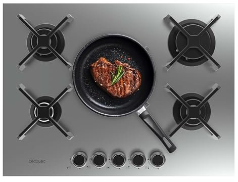 Cecotec Placa de Gas 5 Fuegos Bolero Squad G 5400S Inox. 10.4kW, Acero Inoxidable, Parrillas Hierro Fundido, Quemador WOK Triple Corona, Encendido Electrónico, Seguridad en Válvulas, Accesorio de Gas