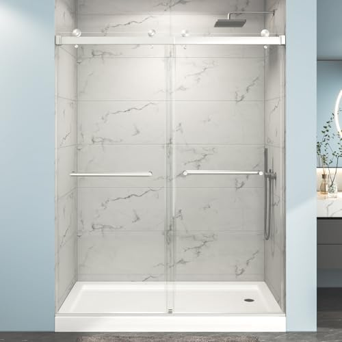 EPXMKX 54-60 W x 76 H Frameless Shower Door, Double Sliding Shower Door,5/16(8mm) Clear Tempered Glass,Easy Sliding Shower Door with Explosion-Proof Film (Brushed Nickel 60 Wx76 H)