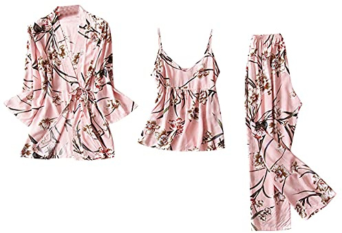 Pijama para mujer, juego de 3 piezas, pijama para mujer, manga larga, fino, albornoz con flores, pantalones de dormir con botones, bata de casa, tirantes, camisón estampado, pijama, pantalones de