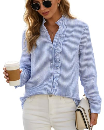 BEYINCUTE Womens Button Down Shirt Blue and White Cotton Shirt Striped Long Sleeve Ruffle Collar Blouse Office Work Blouses