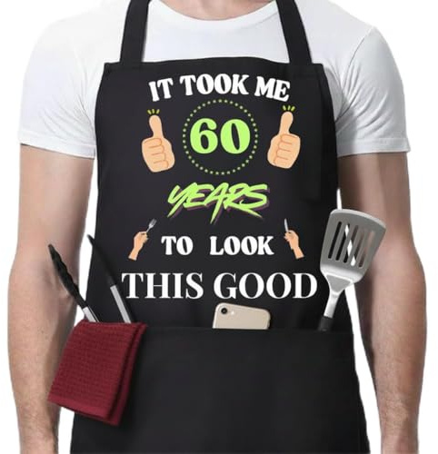 LynixTrade 30th 40th 50th 60th Birthday Gift for Men Black Apron With 3 Pockets Funny 30th 40th 50th 60th Birthday Gift Ideas Cooking Grilling BBQ Chef Aprons (60th)