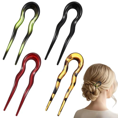 DOPENSPI 4 Stück Groß Französische U förmige Haarnadeln, Gebogene französische Haarnadel, Hochsteckfrisur mit 2 Zinken, Gebogene Retro Gabelstäbe, Haarnadel für Frauen und Mädchen