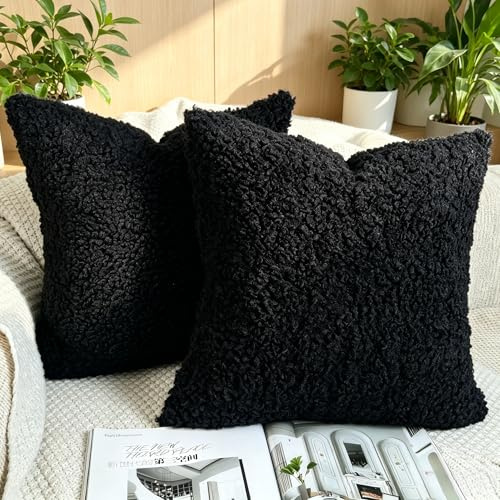 OYIMUA Weich Flauschig Deko Kissenbezug 45x45 Schwarz 2er Set | Bouclé Sherpa Sofakissen,Dekokissen Couchkissen Plüsch Kissen,Wohnzimmer Schlafzimmer Deko Kissenhülle