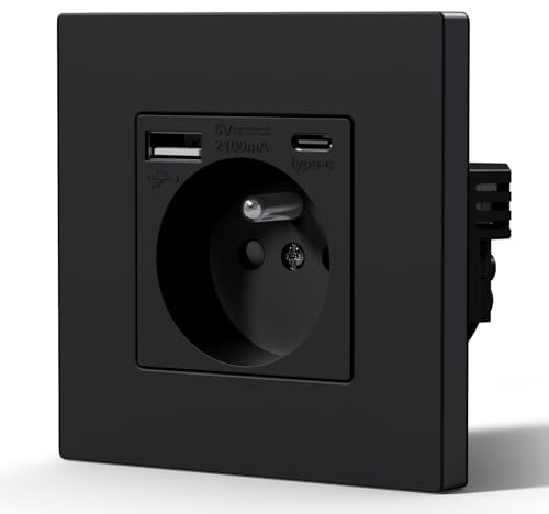 BSEED Prise Electrique avec USB et Type C, Prise Murale avec Panneau En Plastique, Alternatif Norme Française 16 Amp 240V 86mm Noir