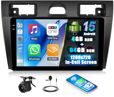 4G+64G Android Car Stereo for Ford Fiesta Mk5 2002-2008 Radio with Wireless CarPlay Android Auto, 9 inch InCell Touchscreen,GPS Sat Nav,Bluetooth 5.0 Car Radio, FM/RDS, SWC,EQ + AHD Rear Camera
