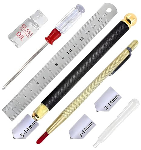 Aliisare Glass Cutter 3mm-14mm, Glass Cutting Tool with Glass Cutting Oil,Aotomatic Oil Feed, Carbide Tip Scriber,Steel Ruler
