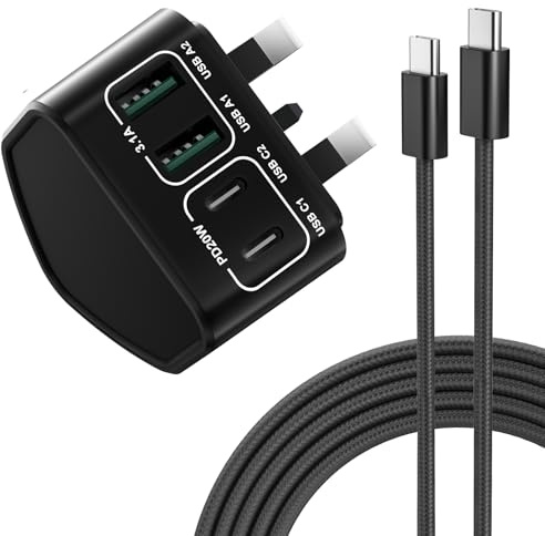 USB C Plug UK with 2M 60W USB C Cable Fast Charger Block for iPhone 17 16 15 Pro Max Plus, Charger Plug, Dual USBC Power Adapter+QC Multiport Wall Charging Plug iPhone Charger Fast Charge