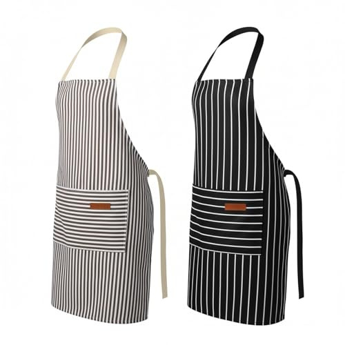 QFWFG 2 Pack Kitchen Cooking Aprons with Pockets, Unisex Adjustable Striped Bib Chef Apron for Men Women Cooking, Home BBQ, Café, Baking & Restaurant Work