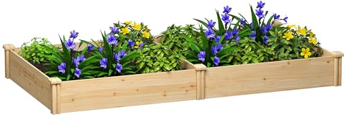 Outsunny Letto per Orto Rialzato da Esterno con Divisorio Centrale e Fondo Aperto, Fioriera in Legno di Abete, per Fiori, Verdure per Balcone Giardino, 235x121x26 cm, Color Legno