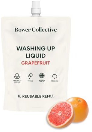 Bower Collective Grapefruit Natural Washing Up Liquid Refill 1 Litre, Eco Friendly Dish Soap with Essential Oils, Non Toxic Plant Based Dishwashing Liquid