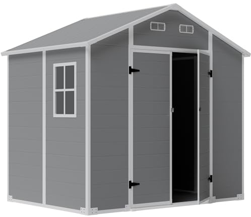 LARBANKE Gartenhaus wetterfest 9,03m³,Kunststoff,255 × 182 × 230cm Gerätehaus mit Boden und Dach, Gartenschuppen Inkl. Fenster&Rampe, Abschließbare Tür & Belüftung, für Garten,Rasen und Terrasse,Grau