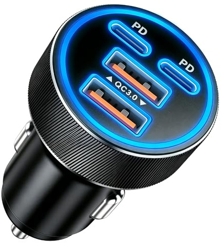Auravale 90W Cargador Coche Carga Rapida 4 Puerto Dual USB C 45W USB A 18W | Cargador Mechero USB Carga 12V, PD QC Rapida Adaptador para iPhone 17E 17 Air 16 15 14 13 Pro MAX Galaxy S26 S25 Pixel 10 9 8