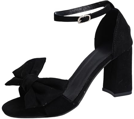 Pumps Sandalias abiertas para mujer con tacón de bloque, correa de lazo en el talón estable, disponible con correa de perlas de gamuza sintética en el tacón de bloque, Negro , 39 EU