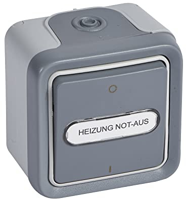 LEGRAND, Plexo Classic Feuchtraum-Aufputz-Wippschalter, Kontroll/ beleuchtet, Ausschalter, 2-polig, Beschriftungsfeld Heizung NOT-AUS, inkl. Glühlampe, 10 A/250 V, IP55 - IK07, grau, 069726