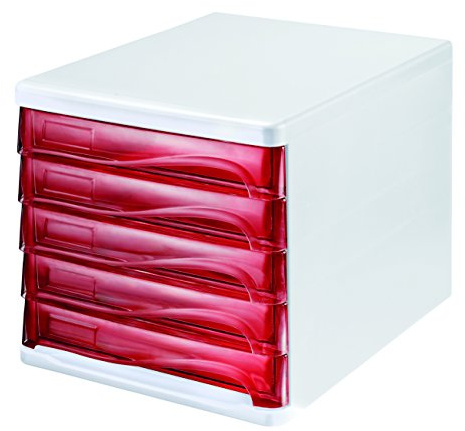 helit H6129420 - Schubladenbox „the wave“, rot transparent | Schreibtisch Organizer mit Schubladen zur Dokumentenablage