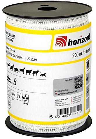 horizont Weidezaunband farmer T10-W 200 m lang, 10 mm breit, Breitband Litze, Weidezaun Strom, Elektrozaun, für kurze Zäune, 40 kg Bruchlast, Band, Litze Weidezaun