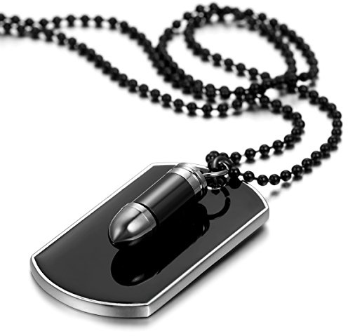 JewelryWe Schmuck Herren Halskette mit Gravur, Gewehrkugel Geschoss Militärischen Erkennungsmarken Armee Stil Dog Tag Anhänger mit 70cm Kette, Schwarz Silber