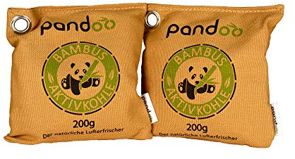 pandoo Lufterfrischer aus Bambus (2 Stück je 200 g) natürlich mit Aktivkohle – Luftreiniger, Luftentfeuchter, Raumerfrischer & Geruchsentferner für Wohnung und Auto