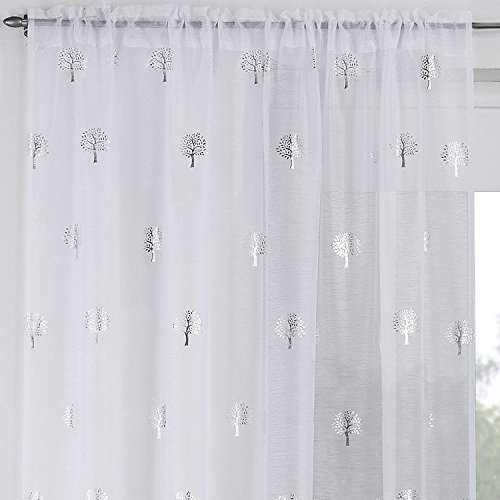Maple Textiles Stunning Metallic Silver Print Tree Design Sheer Voile Curtain Panel Slot Top Rod Pocket Heading (White Silver, 72 183 cm)