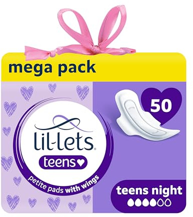 Lil-Lets Teens Night Pads X 50, Petite Towels for Girls & Teenagers, with Wings, for Heavy Flow, Unscented, Soft & Breathable, First Period Sanitary Towels, 5 Packs of 10 Pads - Bulk Pack