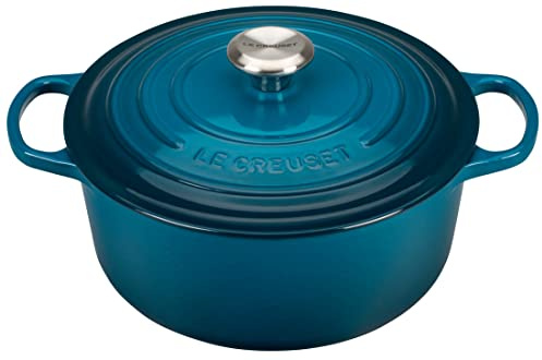 Le Creuset Horno holandés redondo de hierro fundido esmaltado, 5.5 cuartos de galón, verde azulado profundo