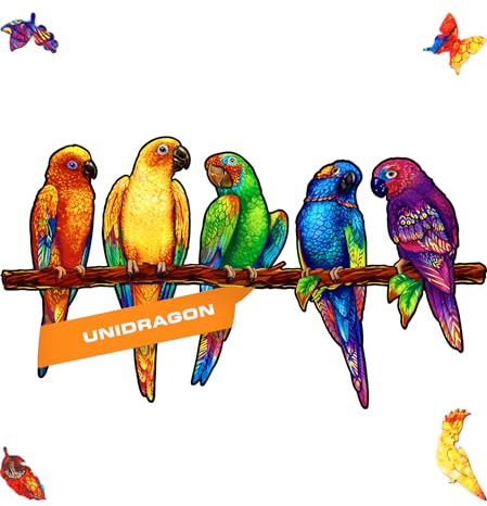UNIDRAGON Original Holzpuzzle — Verspielte Papageien, 193 Teile, Mittel 17.3 x 9.8 Zoll (44 x 25 cm) Schöne Geschenkverpackung, Einzigartige Form Erwachsene und Kinder