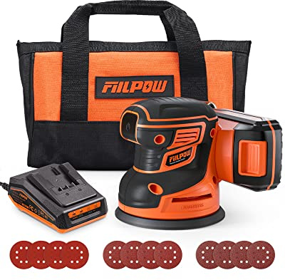 FIILPOW Cordless Random Orbital Sander, 20V Brushless Sander with 2.0Ah 20V Battery, Micro-filter Cyclonic Dust Box, 12 Sandpaper, Carrying Bag, Ideal Second Sander, More Efficient & Convenience