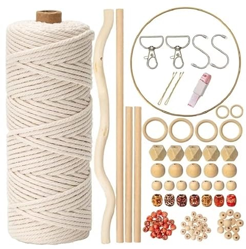 HanCheng 120 Makramee Set Anfänger mit Anleitung,Makramee Garn 3mmx100m,mit Schlüsselanhänger,100 Holzperlen,4 Holzstäbchen,6 Holzringe,Metallring,Geschenk-Taschen usw, Komplett DIY Set Erwachsene