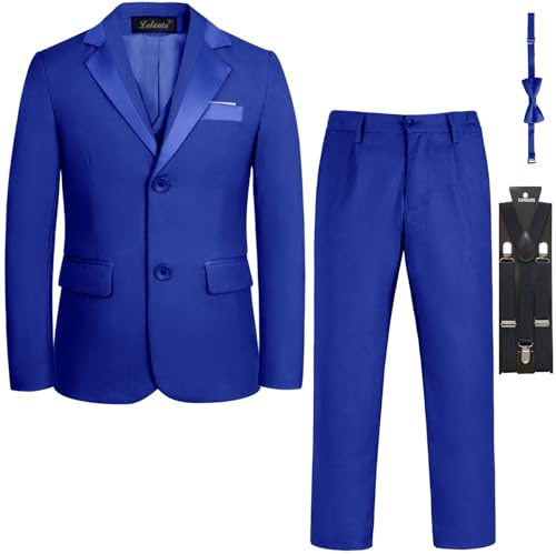 LOLANTA Completo 5 Pezzi Cerimonia per Bambino, Giacca Pantalone Gilet Papillon e Bretelle, Abito Elegante per Battesimo, Comunione o Matrimonio(11-12 Anni,Blu,150)