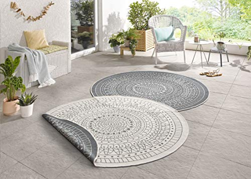 Hanse Home Northrugs Porto In- und Outdoor Teppich Rund – Runder Wendeteppich Wasserfest Mandala Design Flachgewebe Teppich Wetterfest für Balkon, Terrasse, Garten, Wohnzimmer in Blau Creme, ⌀100cm