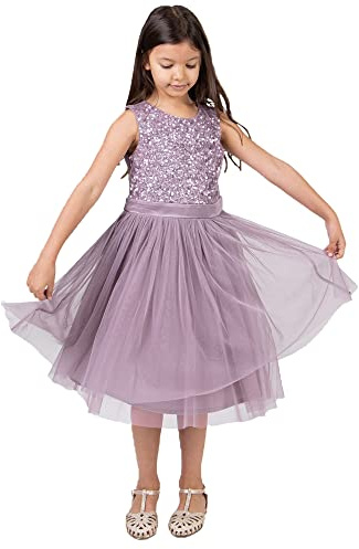 Maya Deluxe Vestido Midi para niñas con Lentejuelas adornadas para Fiesta, tutú, Damas de Honor, Boda con Lazo para cinturón, Lila Moody, 11-12 Años