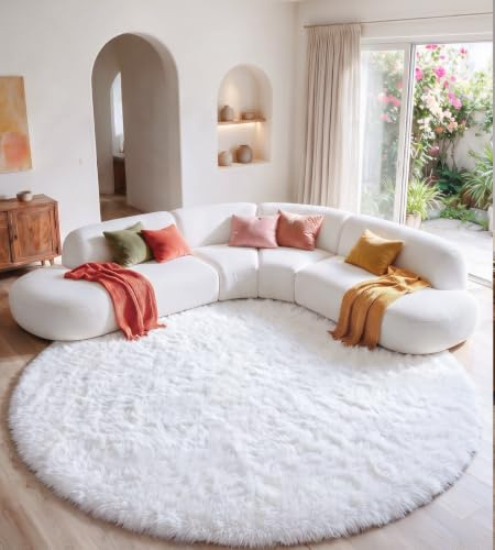 MARATIP Teppich Kinderzimmer Weiß Ø 100 cm Weich | Hochflor-Teppich, waschbar, rutschfest, kuschelig. Ideal für Schlafzimmer, Spielzimmer und Wohnbereich.